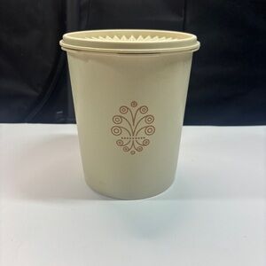 Vintage Tupperware Canister Cream Almond  Lid Retro Scroll